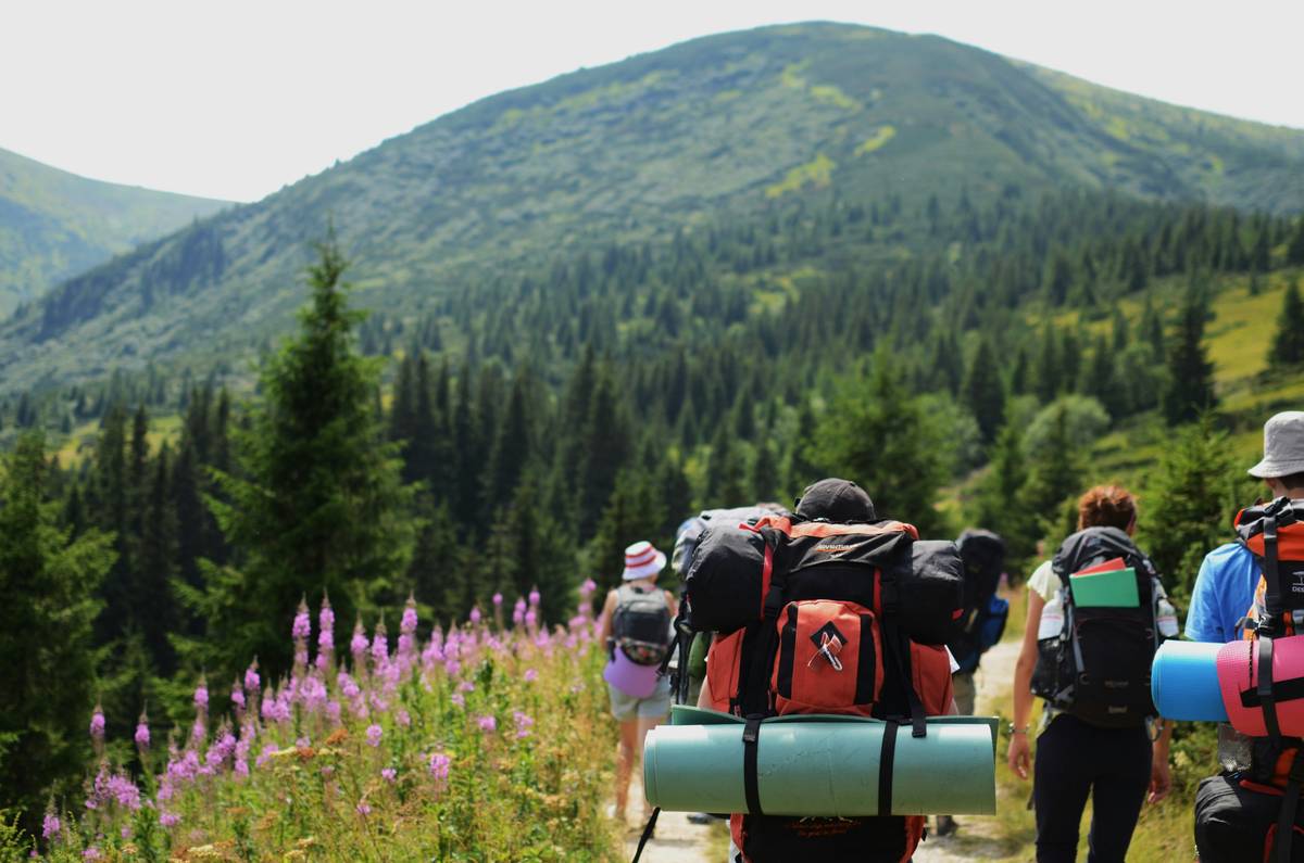 how to become an outdoor guide: a fitness instructor demonstrating bodyweight exercises on a forest trail with small group